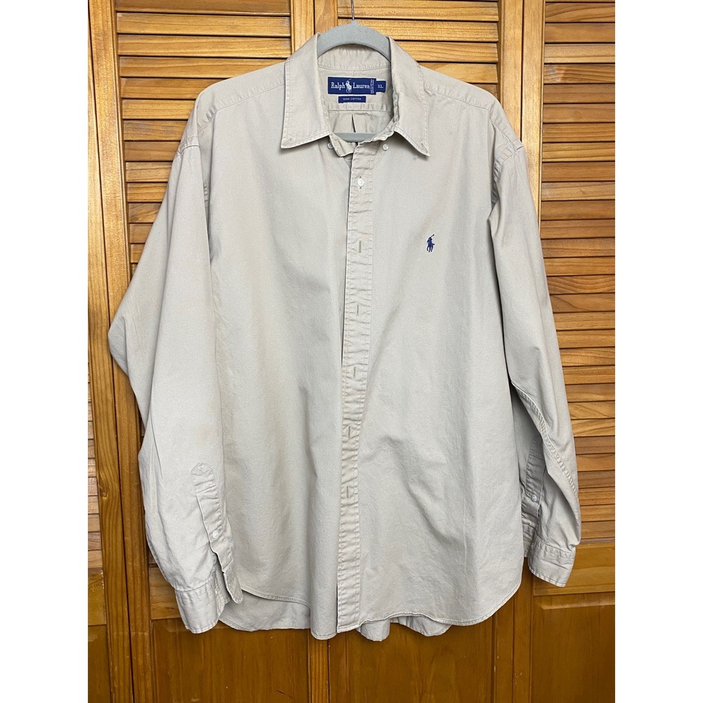 Ralph Lauren‎ Mens XL Khaki Tan Cotton Twill Button Down Long Sleeve Pony Shirt